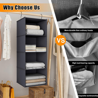 Hanging Closet Organizer 3-Shelf, Oxford Fabric Wardrobe Storage, Gray | Easy-mount foldable design holds clothes, handbags, shoes & accessories; washable Oxford fabric, sturdy and space-saving.