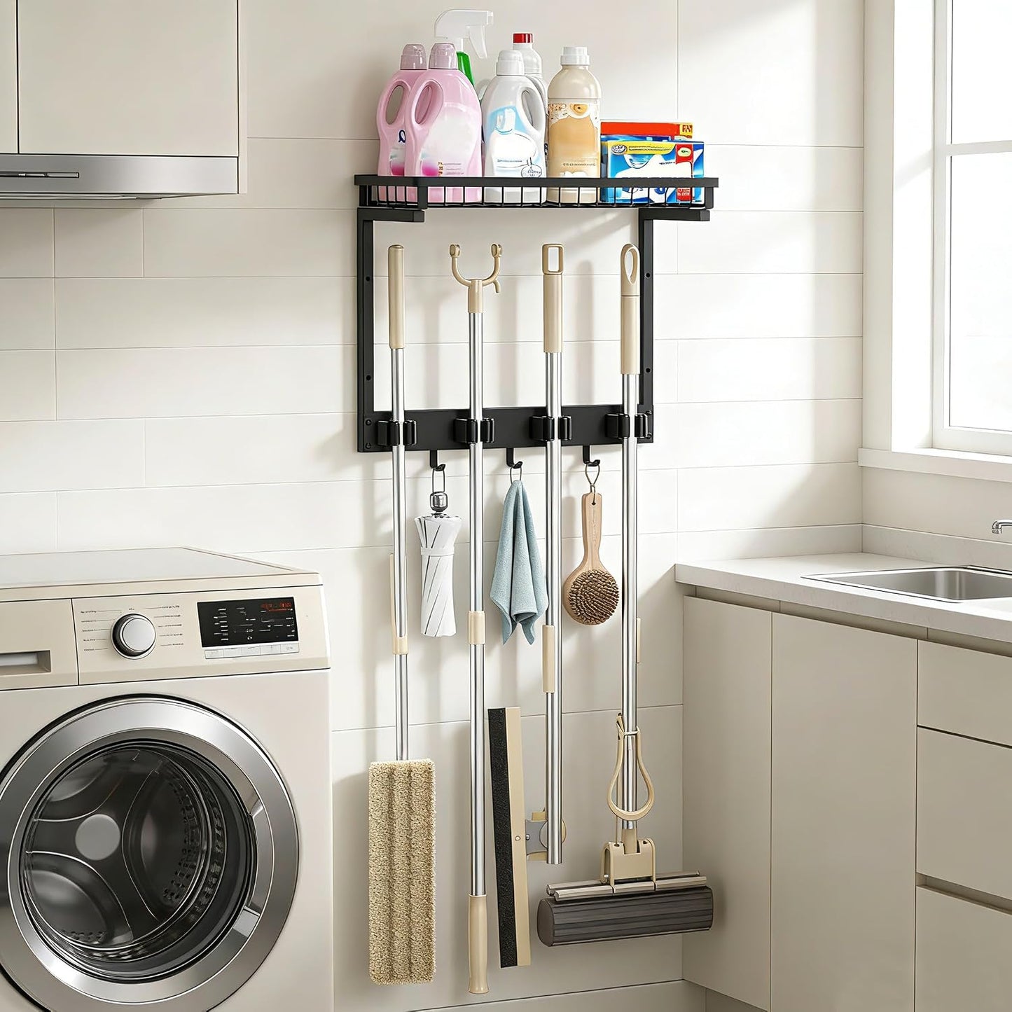 XLP Heavy Duty Broom Holder Wall Mount, All-Metal Cleaning Supplies Organizer & Mop Holder, Space Saving Wall Hanging Rack with Hooks for Home, Garage, Laundry Room - Black