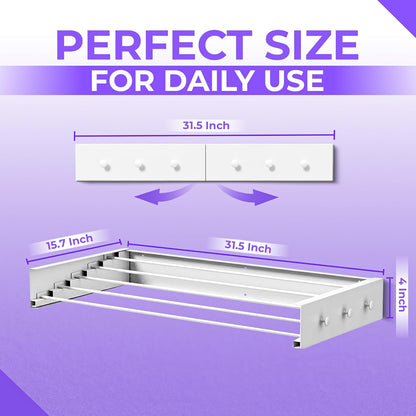 Wall Mounted Clothes Drying Rack - 31.5" Foldable Clothes Drying Rack Wall Mount, 5 Steel Rods With Knobs, Retractable Space-Saving Laundry Rack, Heavy Duty 60 lbs Capacity (Wall Template Included)