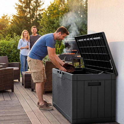 Flamaker Outdoor Storage Box 80 Gallon Resin Waterproof Deck Box Delivery Box with Wood Texture Large Storage Bin for Patio Cushions, (Grey)