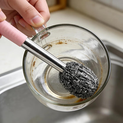 2PCS Steel Wool Scrubber with Handle Rustproof, Cast Iron Scrubber, Stubborn Messes Pot Brush, Remove Dirt for Cleaning Stoves,Sinks Dishes Grills Bowls & Metal Wire Sponge for Kitchens