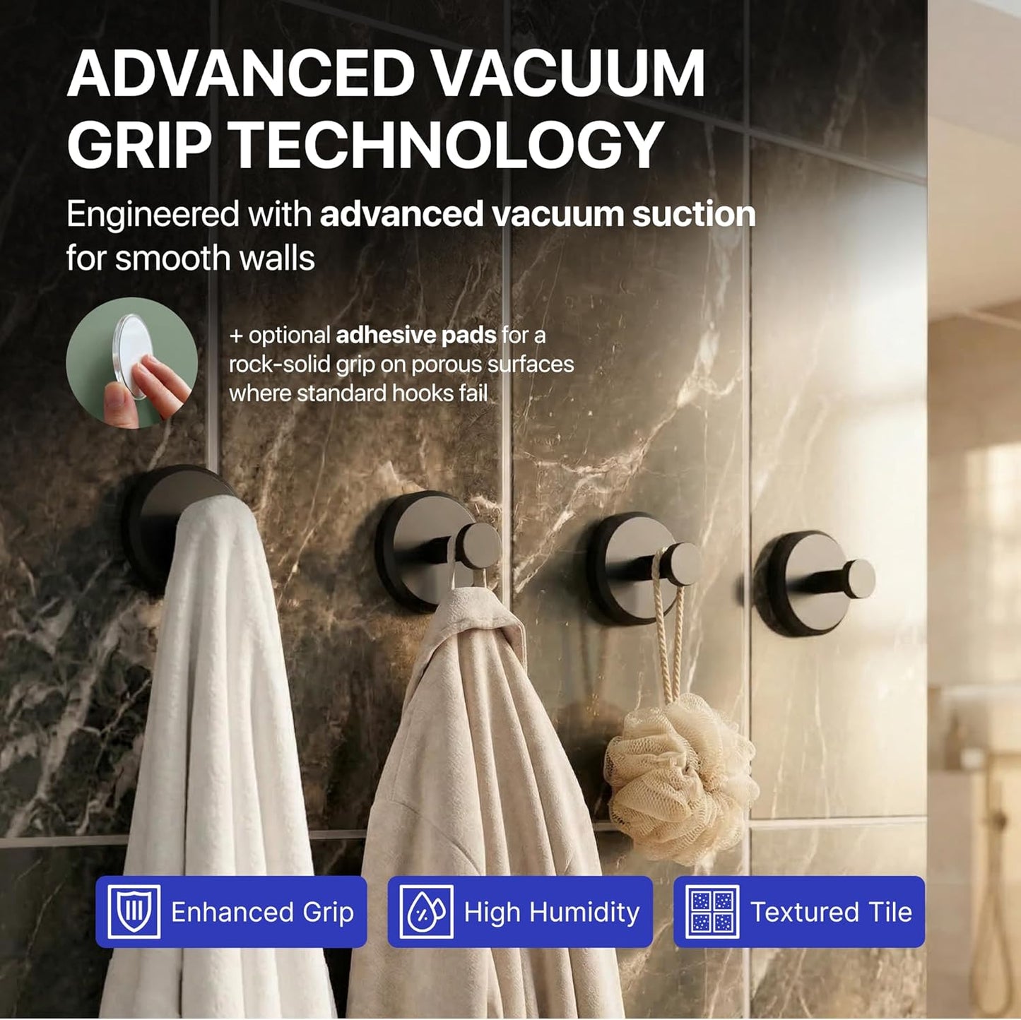 HOME SO Suction Cup Hooks for Shower & Bathroom Towel Holder 2-Pack – Suction Cups Hooks for Hanging Towels, Robes, & Coats - Tiles, Glass Door or Mirror – Shower Hooks & Towel Hooks Organizer - Black