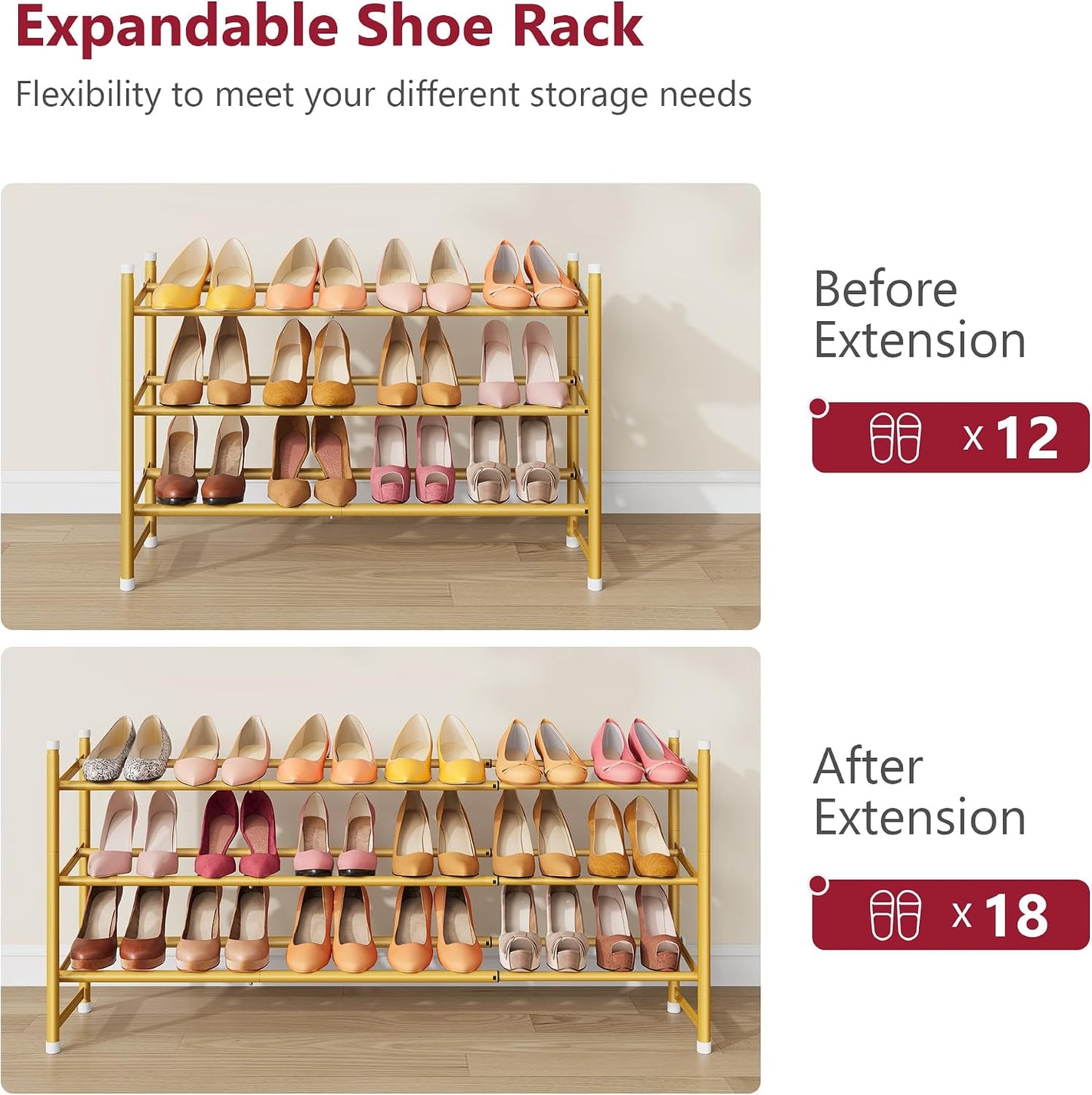 Tajsoon Expandable Shoe Rack for Closet 3 Tier, 28“-41“Adjustable & Stackable Shoe Shelf Storage, Metal Shoe Rack Organizer for Front Door Entrance, Closet, Garage, Entryway, Black