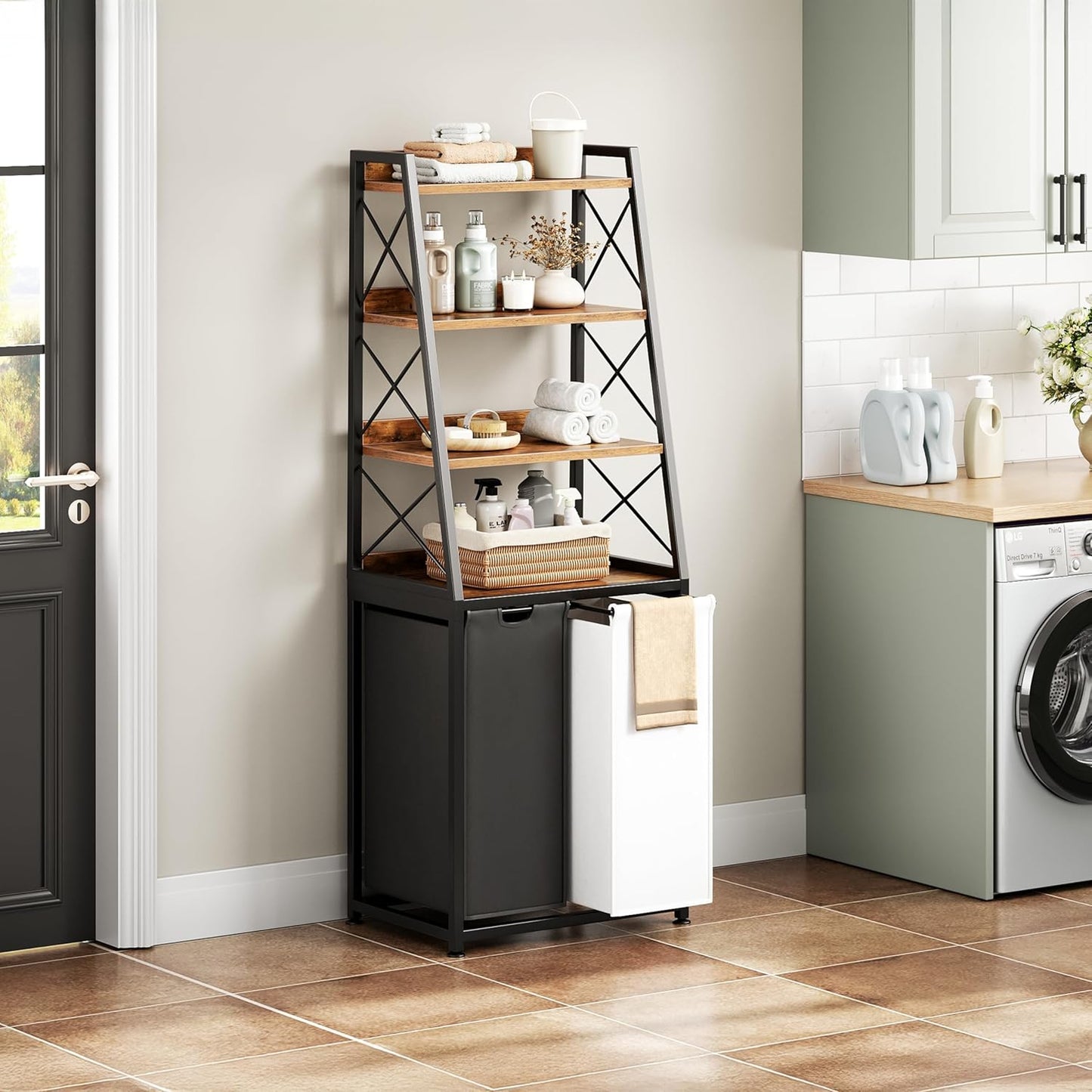 Herture Laundry Basket, 3 Section Laundry Hamper with 4 Tiers Shelf, Pull-Out and Removable Laundry Bags, Large 3 x 15.87 Gallons, for Laundry Room Bathroom Rustic Brown PF05XLN