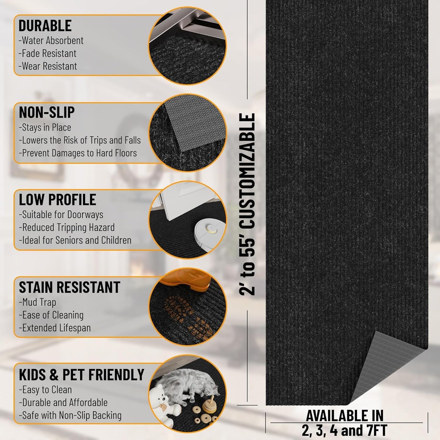 Ottomanson Mud Mat 2' x 4' Entryway Rug - Non-Slip Scraper Doormat for Muddy Paws, Dirt Trapping Indoor/Outdoor Mat for High-Traffic Areas, Kitchen, Garage, Patio, Black