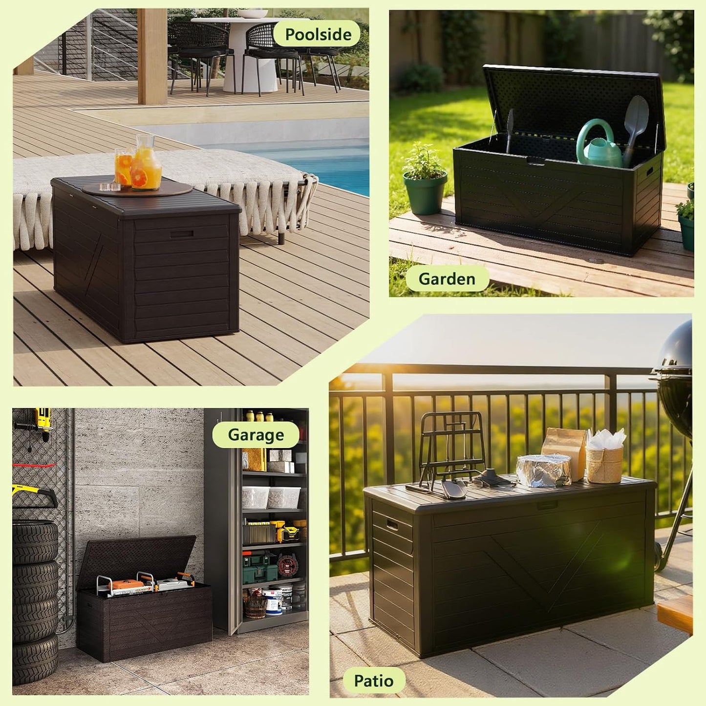 Outdoor Storage Box, 98 Gallon Deck Box, Outdoor Storage Bench, Waterproof Resin Storage Bench with Lockable Lid, Patio Furniture Cushions & Garden Tools Storage, UV Resistant (Black)