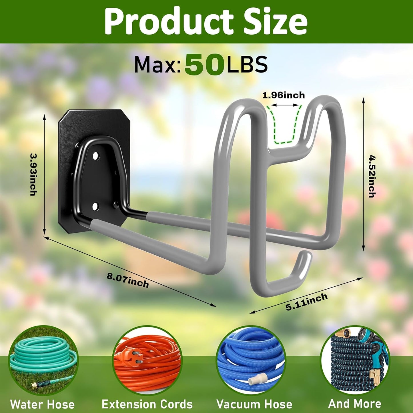 Garden Hose Holder Wall Mount Water Hose Holders for Outside | Metal Hose Hanger with Hook Heavy Duty Garden Hose Reel for Outside Yard Lawn Storage