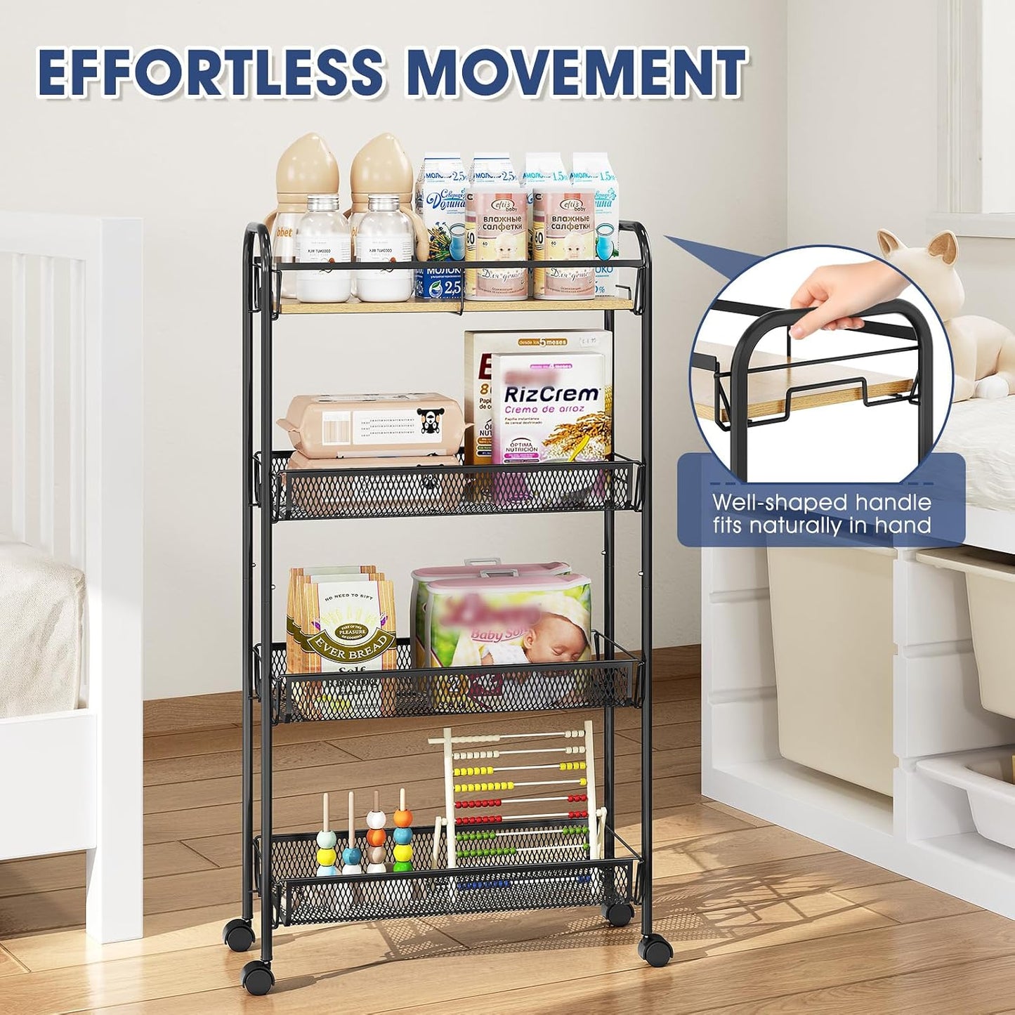 TOOLF 4-Tier Slim Rolling Cart, Metal Utility Cart, Slide Out Storage Cart with Wooden Tabletop and Mesh Baskets for Narrow Space on Kitchen Bathroom Laundry Room Bedroom Apartments Dormitory