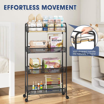 TOOLF 4-Tier Slim Rolling Cart, Metal Utility Cart, Slide Out Storage Cart with Wooden Tabletop and Mesh Baskets for Narrow Space on Kitchen Bathroom Laundry Room Bedroom Apartments Dormitory