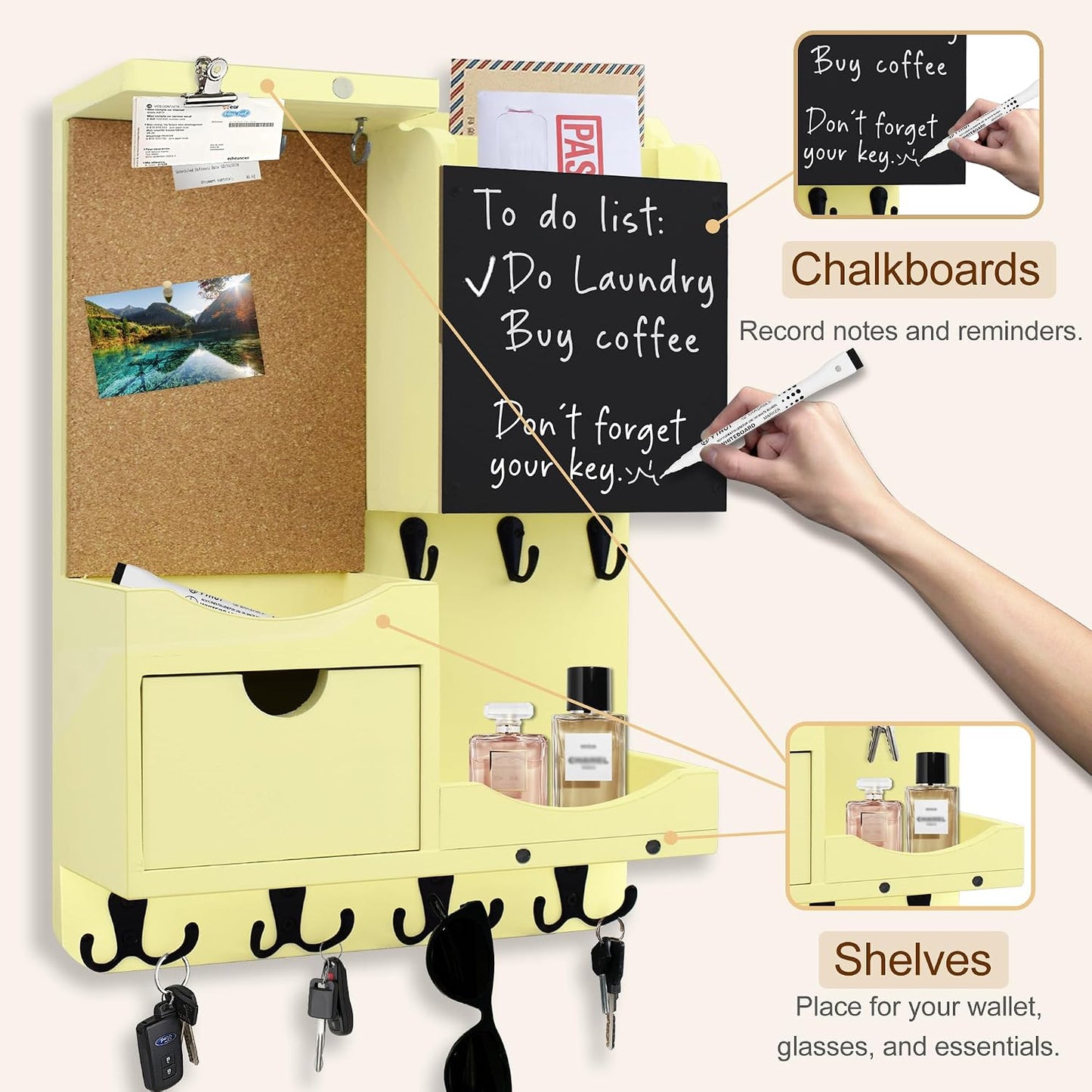 Key Holder for Wall Mount with Shelf and Mail Organizer, Key and Mail Holder with 16 Hooks, Farmhouse Entryway Organizer, Home Decor Rack (Pine Wood, Black)