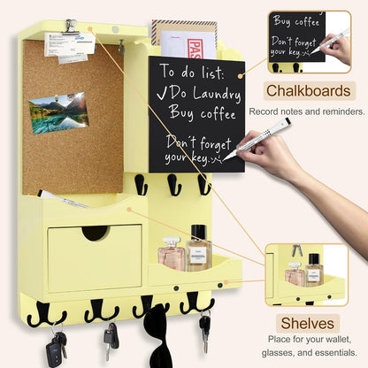 Key Holder for Wall Mount with Shelf and Mail Organizer, Key and Mail Holder with 16 Hooks, Farmhouse Entryway Organizer, Home Decor Rack (Pine Wood, Black)