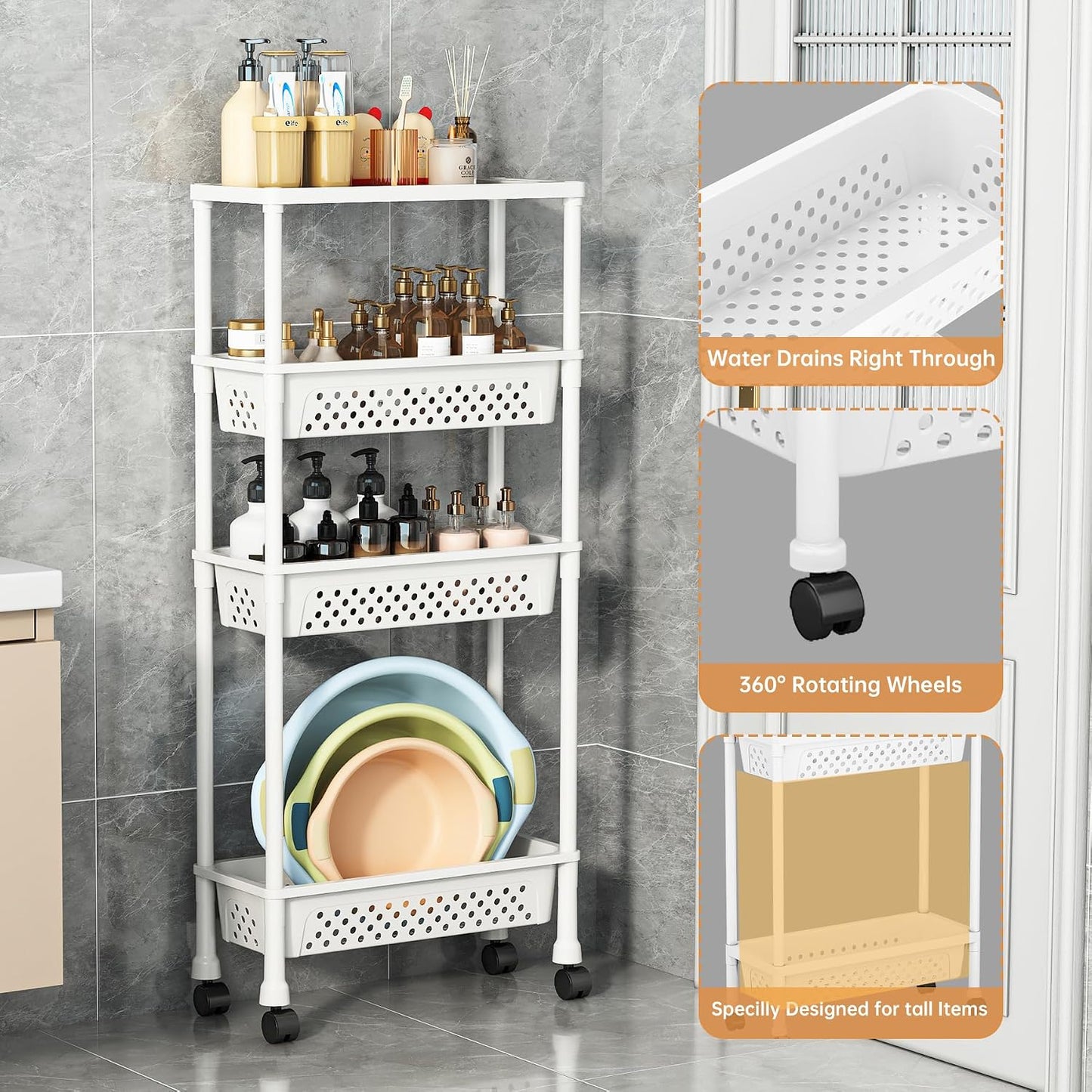 Slim 4 Tier Rolling Storage Cart Narrow Bathroom Organizer on Wheels Blue | 6.7" wide for tight bathroom/kitchen gaps, extra-tall tier, 360° casters, quick-dry shelves, tool-free storage rack