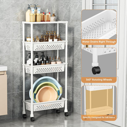 Slim 4 Tier Rolling Storage Cart Narrow Bathroom Organizer on Wheels Blue | 6.7" wide for tight bathroom/kitchen gaps, extra-tall tier, 360° casters, quick-dry shelves, tool-free storage rack