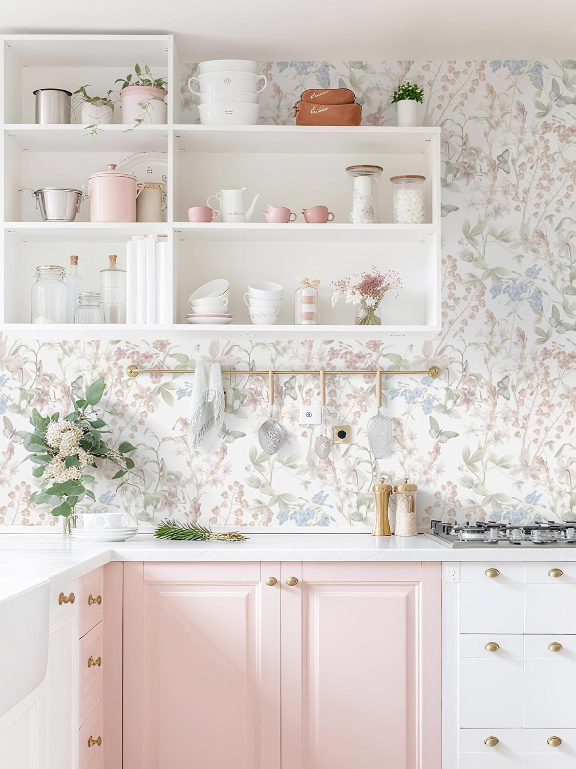 Dimoon 17.3''x78.7'' Vintage Peel and Stick Wallpaper Boho Beige Neutral Contact Paper White Floral Bird Wallpaper Removable Botanical Renter Friendly Modern Wall Paper Bedroom Bathroom Vinyl Roll
