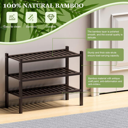 ROMGUAR CRAFT 3 Tier Bamboo Shoe Rack for Closet Free Standing Wood Shoe Shelf Storage Organizer for Entryway Small Space Stackable 27"x11"x20" (Natural)
