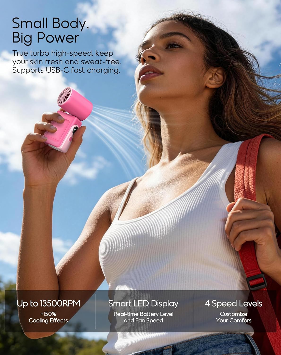 Portable Clip-On Mini Fan, Hands-Free, Turbo Personal Handheld Fans Rechargeable w/ 4 Wind & LED Display, Pocket Size Summer Cooling Essentials for Travel/Eye Lash/Beach/Concert, Gifts for Women(Pink)