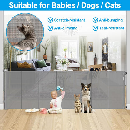 42 Inch Extra Tall Retractable Baby Gates with Reinforced Strips 55 Inch Wide Outdoor Retractable Dog Gate No Sag Extra Tall Baby Gate for Doorway Anti-Scratch Mesh Gates for Kids or Pets, White