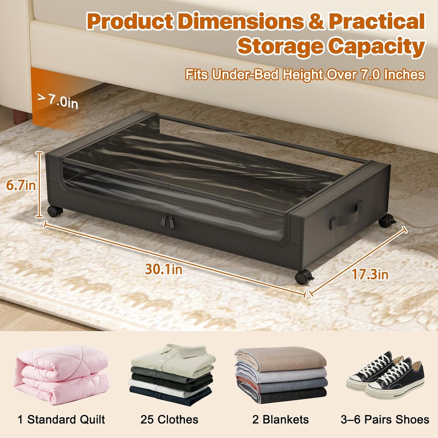 Under Bed Storage with Wheels,XXL 60L Under Bed Storage Containers with Clear Lids, Rolling Under Bed Metal Drawer for Clothes, Shoes,Toys(Gray, 2 Pack)
