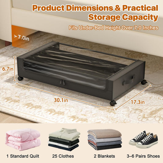 Under Bed Storage with Wheels,XXL 60L Under Bed Storage Containers with Clear Lids, Rolling Under Bed Metal Drawer for Clothes, Shoes,Toys(Gray, 2 Pack)