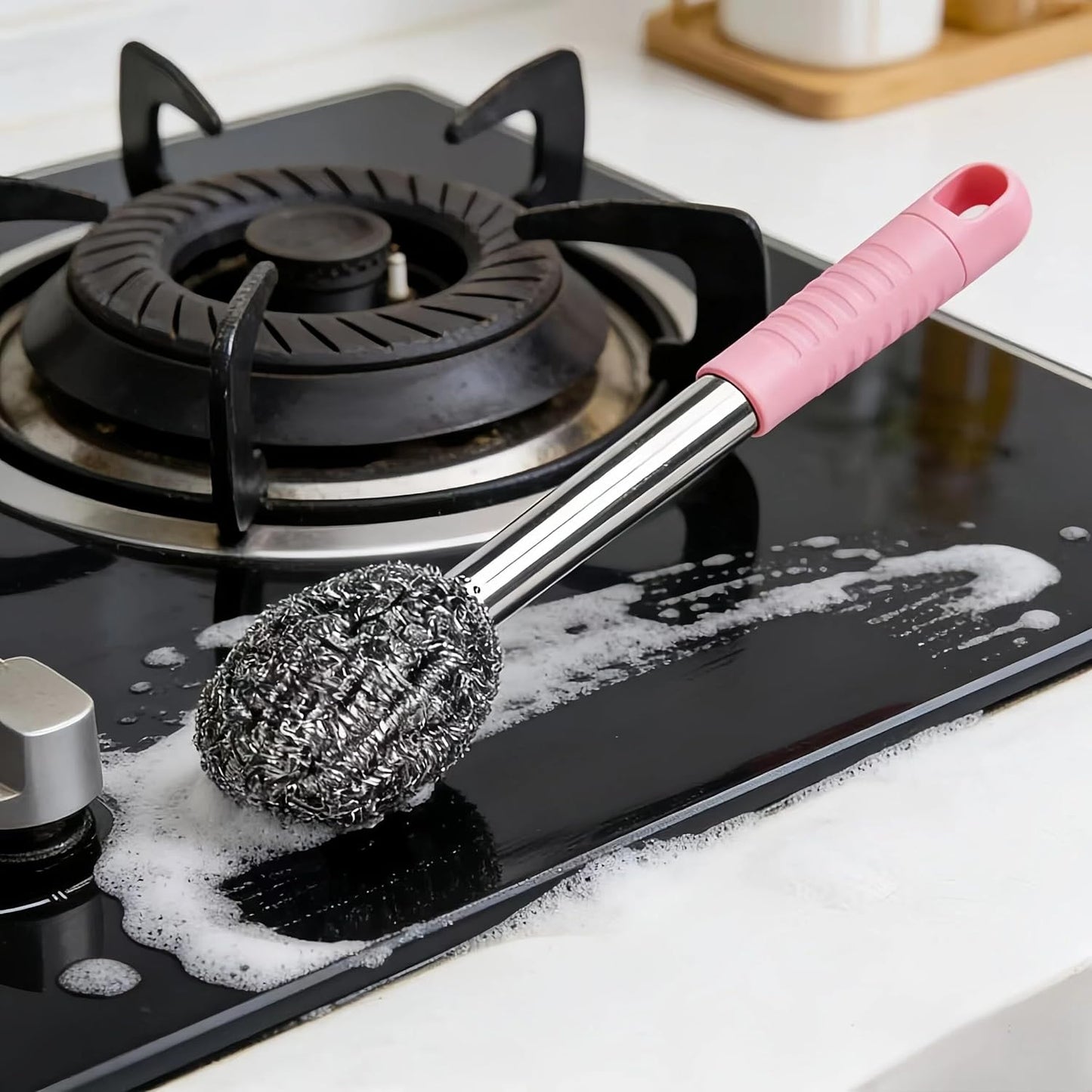 2PCS Steel Wool Scrubber with Handle Rustproof, Cast Iron Scrubber, Stubborn Messes Pot Brush, Remove Dirt for Cleaning Stoves,Sinks Dishes Grills Bowls & Metal Wire Sponge for Kitchens