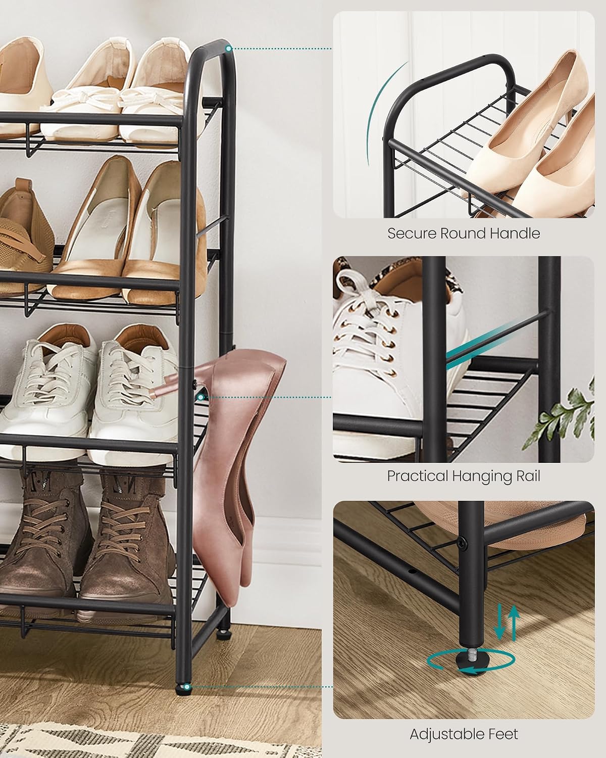 SONGMICS Stackable Shoe Rack, 4 Tier Metal Shoes Rack Storage Shelf, Holds up to 16 Pairs Shoes, Adjustable Slanted Shelves Shoe Tower Organizer for Closet Entryway Small Spaces, Black