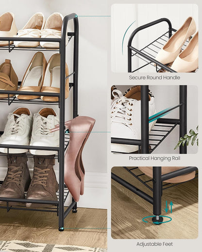 SONGMICS Stackable Shoe Rack, 4 Tier Metal Shoes Rack Storage Shelf, Holds up to 16 Pairs Shoes, Adjustable Slanted Shelves Shoe Tower Organizer for Closet Entryway Small Spaces, Black