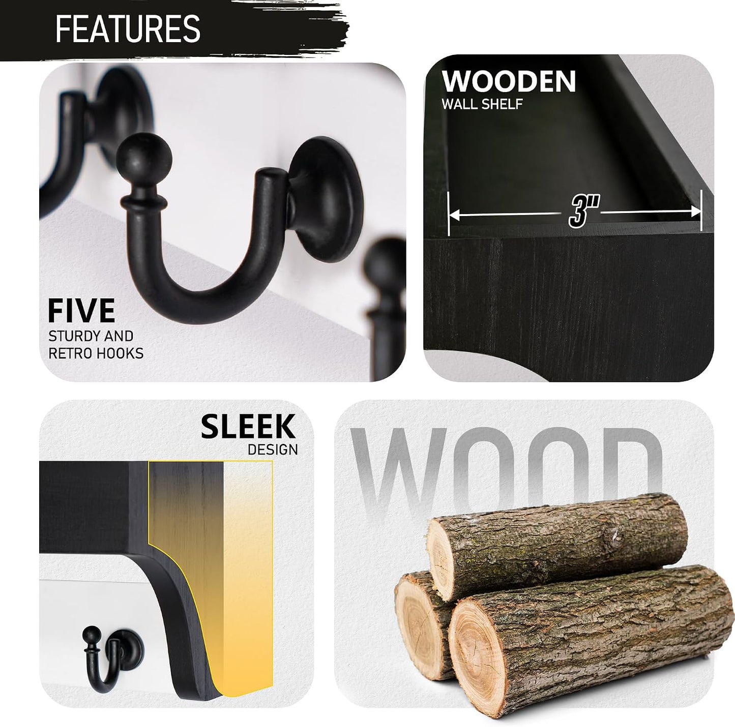 Rebee Vision Farmhouse Key Holder for Wall - Decorative Wooden Mail Organizer with 5 Rustic Key Hooks and Floating Shelf for Home Decor, Hallway, Entryway, Appartment (Retro Brown)