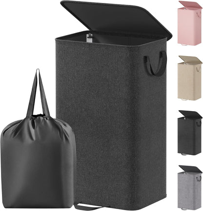 Lifewit Double Laundry Hamper with Lid and Removable Laundry Bags, Large Collapsible 2 Dividers Dirty Clothes Basket with Handles for Bedroom Laundry Room Closet Bathroom College, 136L Beige