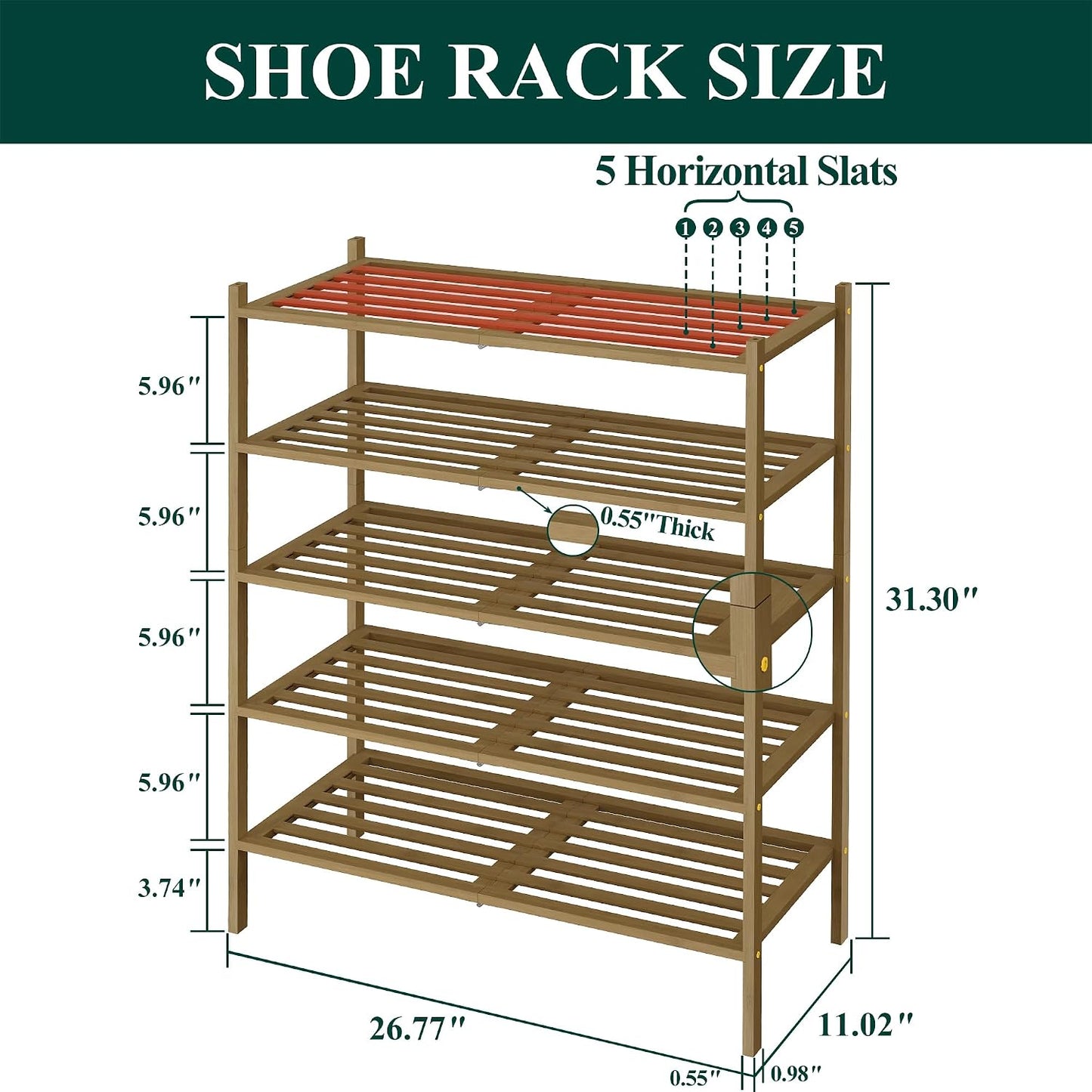 Smiry Bamboo Shoe Rack, 3 Tier Free Standing Wooden Shoe Organizer, Stackable Wood Shoe Storage Shelf for Closet, Entryway, 5 Horizontal Slats, 26.8"x11"x18.3", Natural