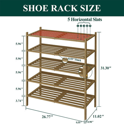 Smiry Bamboo Shoe Rack, 3 Tier Free Standing Wooden Shoe Organizer, Stackable Wood Shoe Storage Shelf for Closet, Entryway, 5 Horizontal Slats, 26.8"x11"x18.3", Natural