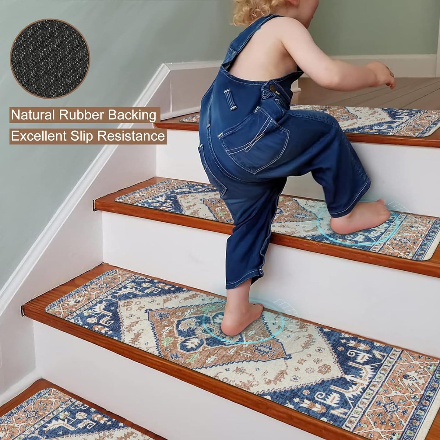 OJIA Non-Slip Carpet Stair Treads for Wooden Steps Set of 15, 30''X8'' Indoor Runner Resistant Rugs Rubber Safety Mats for Dogs, Kids & Elders, Stairway Grip