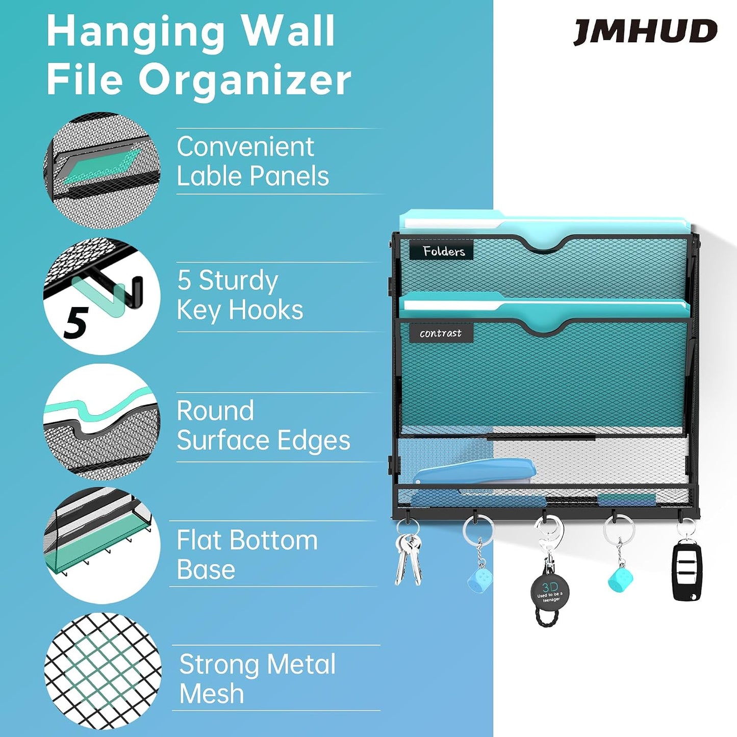 5 Tier Wall File Organizer - Hanging File Organizer with 5 Hooks, Mail Holder Wall Mounted for Papers, Folders, Magazines, Bills, Office&School Organization, Black