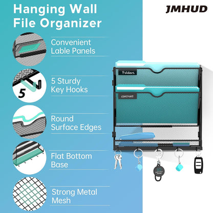 5 Tier Wall File Organizer - Hanging File Organizer with 5 Hooks, Mail Holder Wall Mounted for Papers, Folders, Magazines, Bills, Office&School Organization, Black