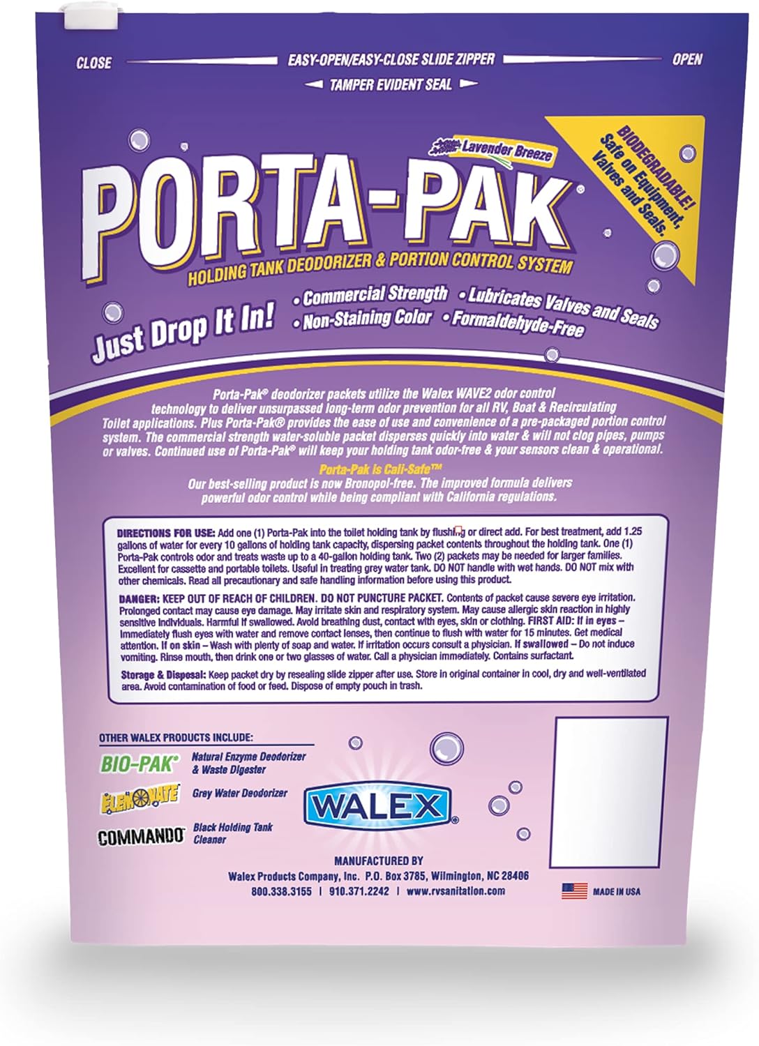 Walex Porta-Pak Black Holding Tank Deodorizer & Portion Control System Drop-Ins - Rapid Breakdown of Waste & Paper, Odor Prevention, Cleans Tank & Sensors - Lavender Breeze, 10-Pack