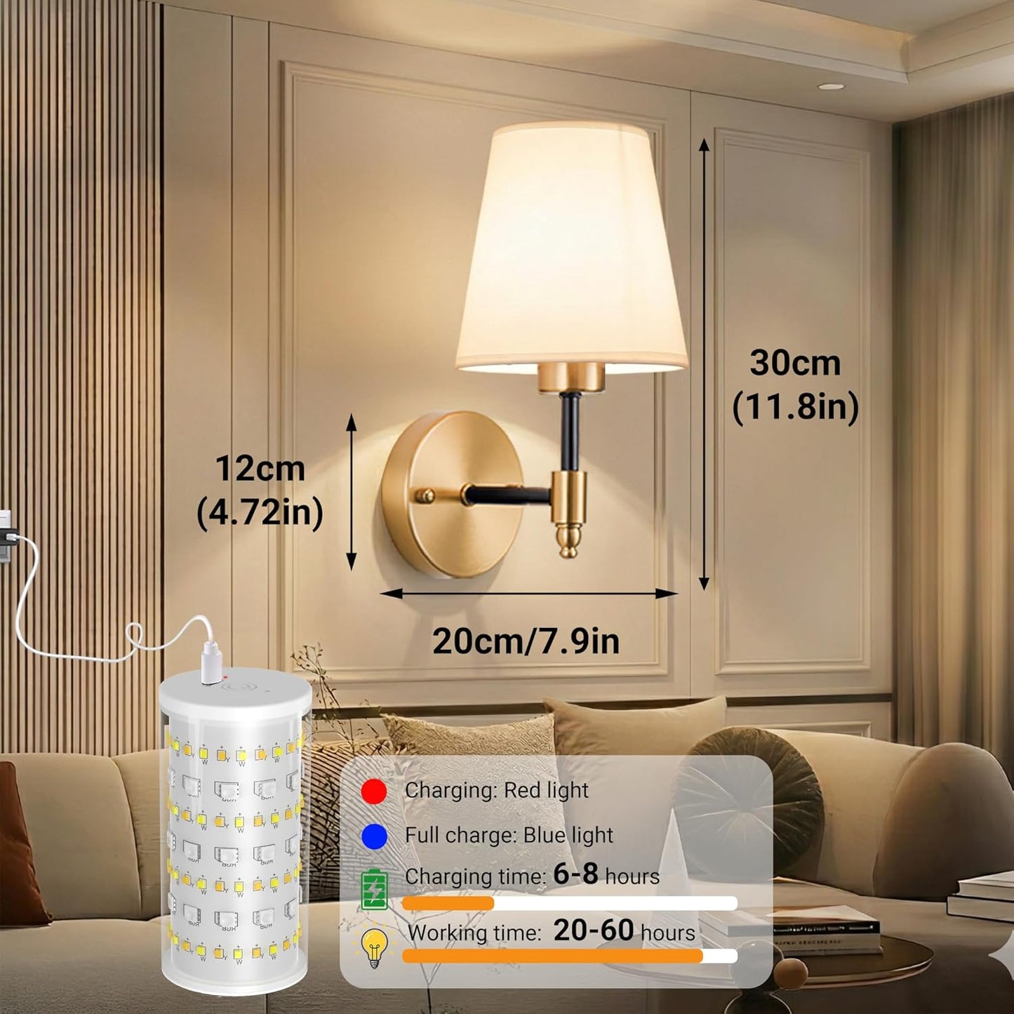Nekhung Battery Operated Wall Sconces Set of Two, Wireless Battery Wall Light with 10000mAh RGB Dimmable Magnetic Bulb and Remote, Rechargeable Sconce Wall Decor for Bedroom Living Room Hallway