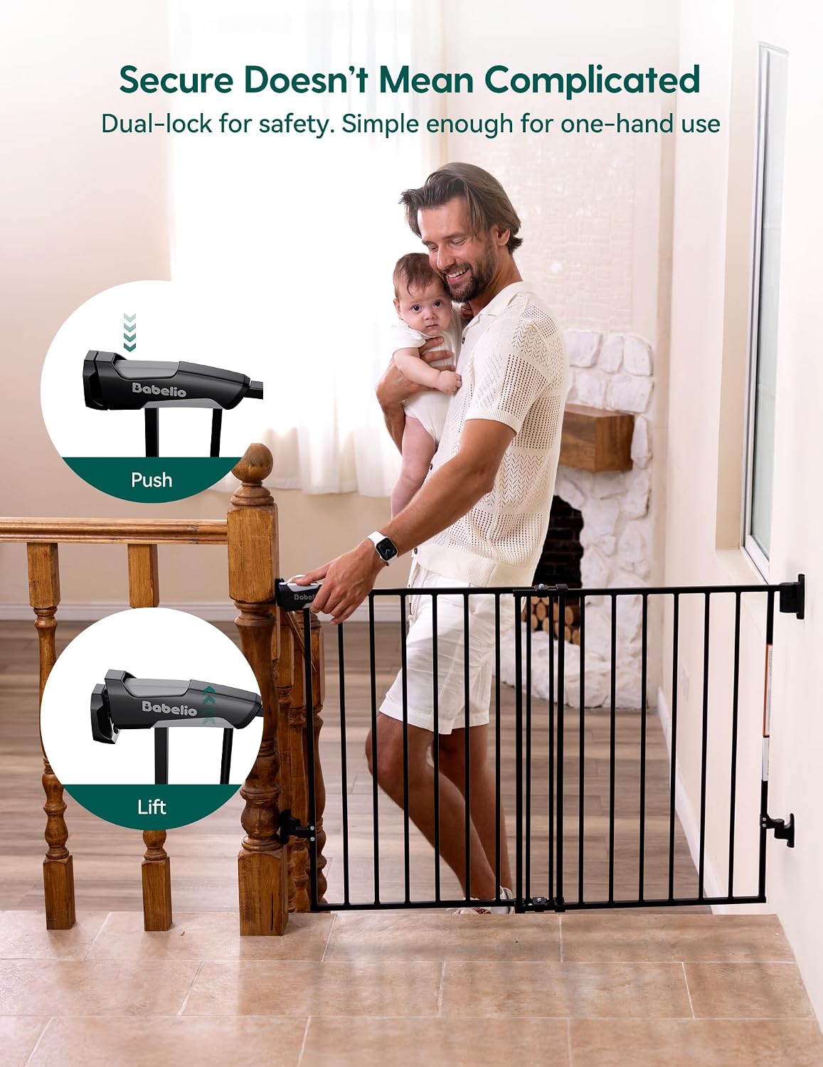 Babelio Baby Gate for Stairs, Kitchen & Doorways, No Bottom Bar| One-Handed Operation| Auto-Close| Hardware Mount (Drill Needed) Safety Dog/Pet Gate (Black - B17, 26-43" W, 28" H)