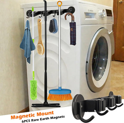 MUTUACTOR Heavy Duty Magnetic Broom Holder,Anti-slip Magnetic Tool Rack with Top Utility Shelf, Easy Assembly Broom Mop Organizer for Refrigerator Metal Cabinet Laundry Room Kitchen,3-Clamps 4-Hooks