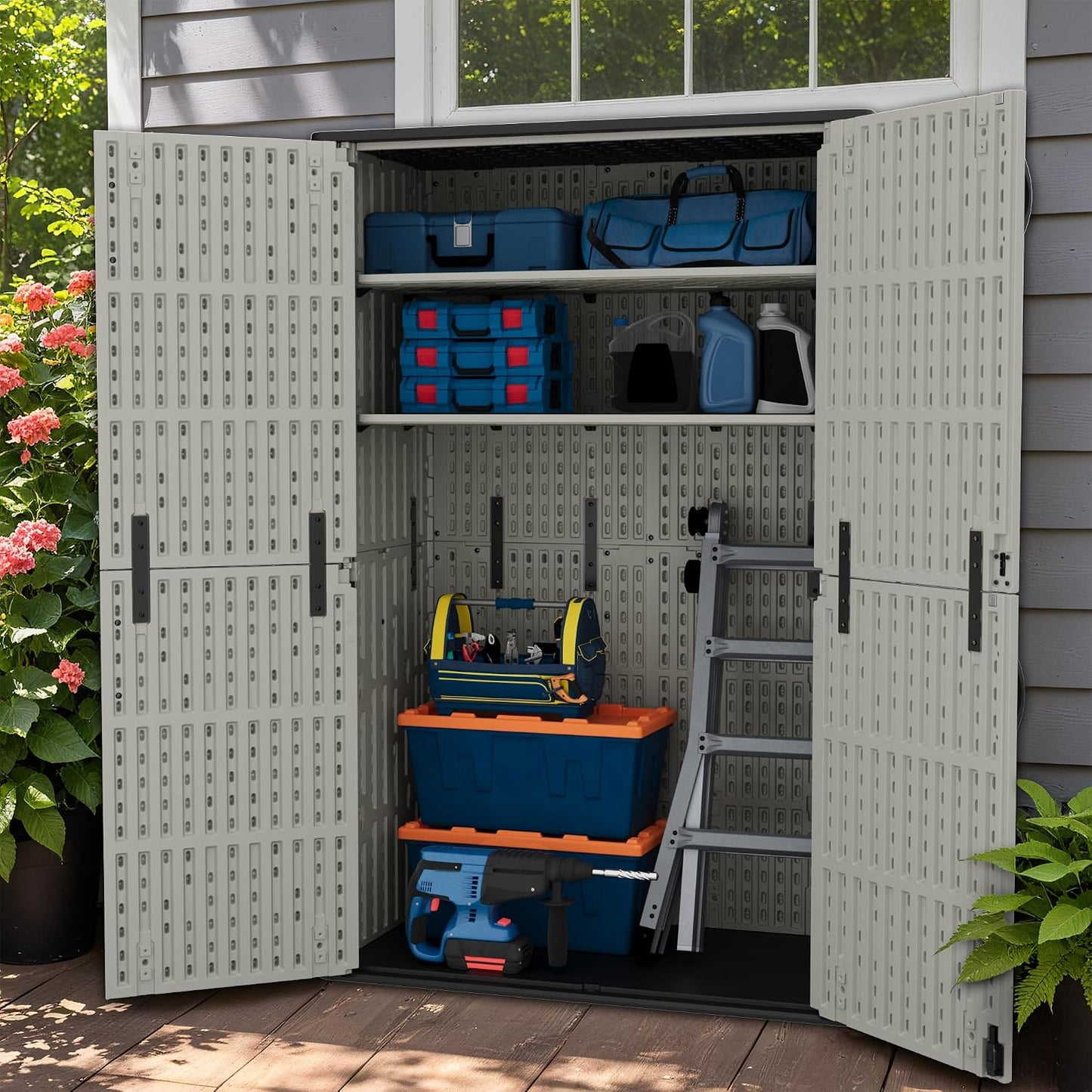 Greesum Outdoor Storage Cabinet, 26 CUFT Deck Box Without Shelves, Waterproof Plastic Storage Shed for Patio Cushions, Gardening Tools, Lockable and Sidehandles, UV Resistant, Beige