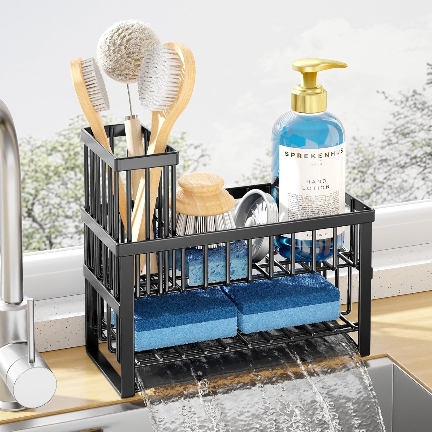 Kitsure Sponge Holder for Kitchen Sink - Rustproof Stainless Steel Sink Caddy Organization and Storage Essentials with High Brush Holder, Home Decor Accessories, 7.9" x 3.7" x 6.2", Black