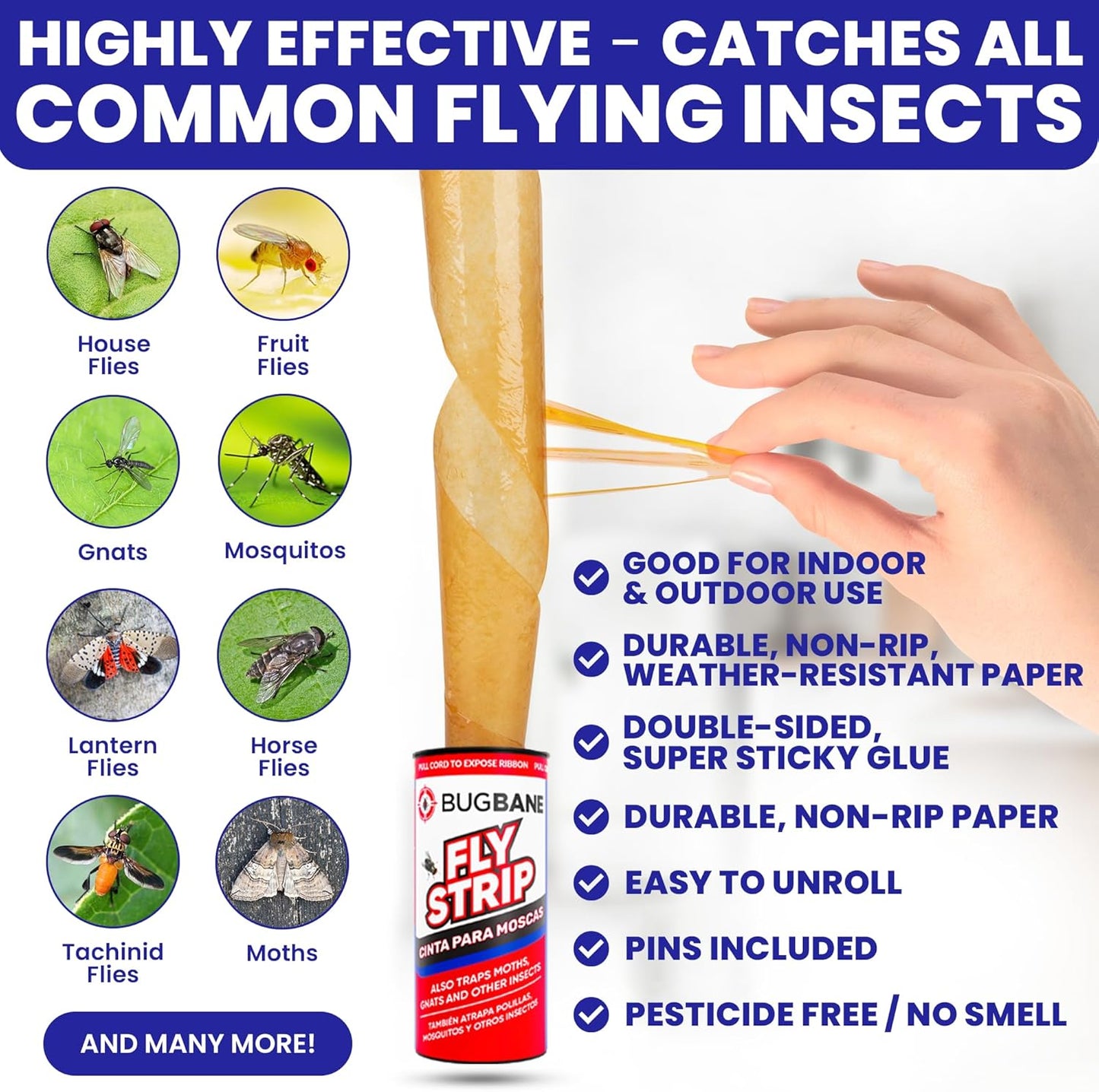 Fly Strips Indoor Sticky Hanging 10pk with Pins. Non Toxic Outdoor Fly Trap Indoor for Home. Flies Tape Paper Trap Ribbon Roll for House Gnat Fruit and Housefly. Bug Catchers for Inside Home Flypaper.