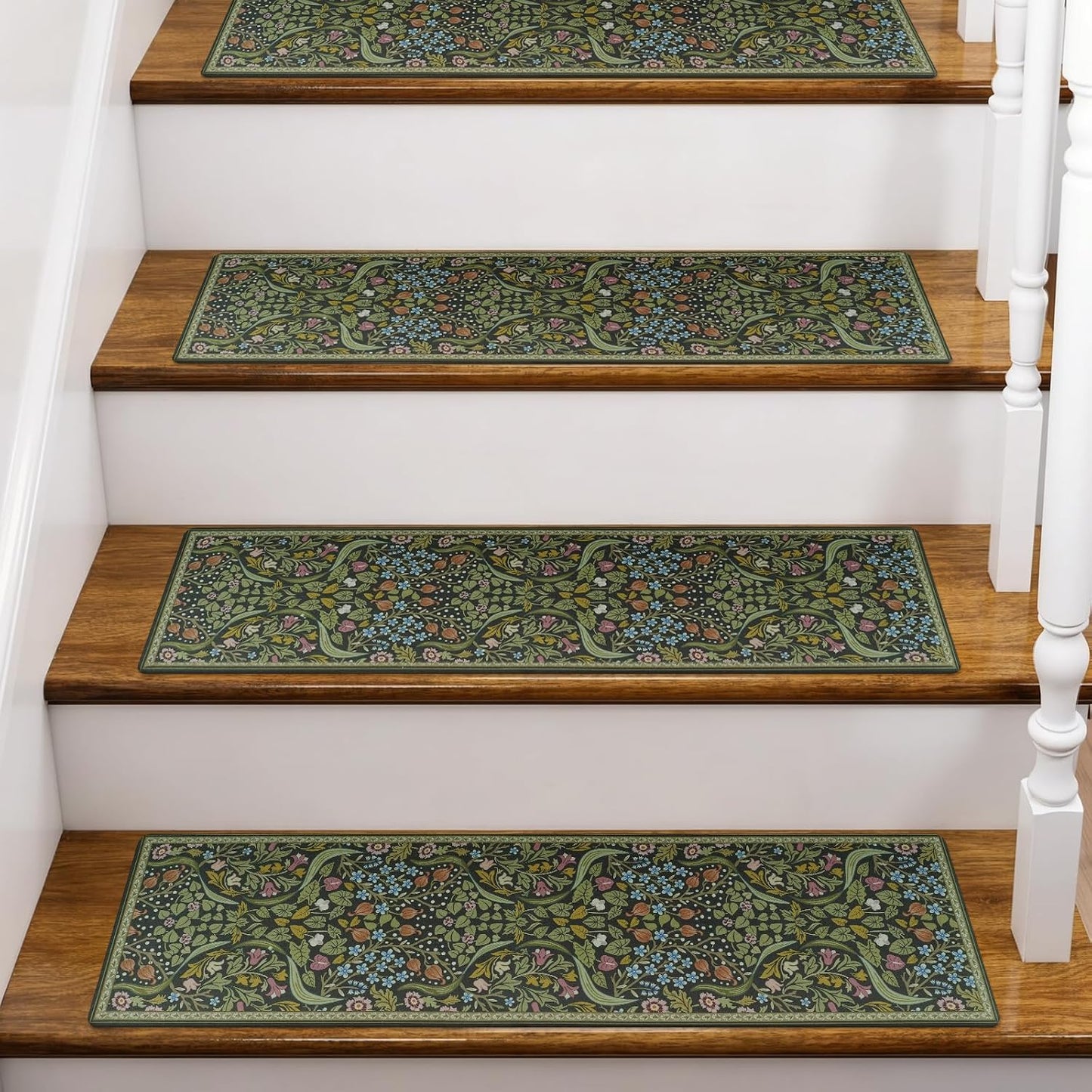 OJIA Floral Stair Treads Non-Slip Stair Runner for Wooden Steps Indoor 15PCS 30"x8" Carpet Stair Treads Stair Mats Staircase Step Treads for Kids, Elders and Dogs, Stair Covers, Black