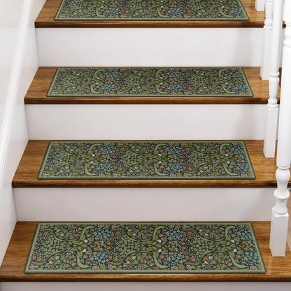 OJIA Floral Stair Treads Non-Slip Stair Runner for Wooden Steps Indoor 15PCS 30"x8" Carpet Stair Treads Stair Mats Staircase Step Treads for Kids, Elders and Dogs, Stair Covers, Black