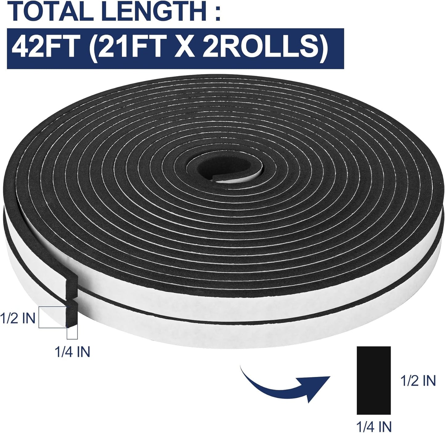 66Ft Foam Tapes Self Adhesive Foam Seal Strips 1/2In x 1/8In x 33.1Ft Each Roll Weatherstrips High Resilience Weather Stripping Door Seals for Door Soundproofing, Window Insulation (2R, White)