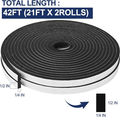 66Ft Foam Tapes Self Adhesive Foam Seal Strips 1/2In x 1/8In x 33.1Ft Each Roll Weatherstrips High Resilience Weather Stripping Door Seals for Door Soundproofing, Window Insulation (2R, White)
