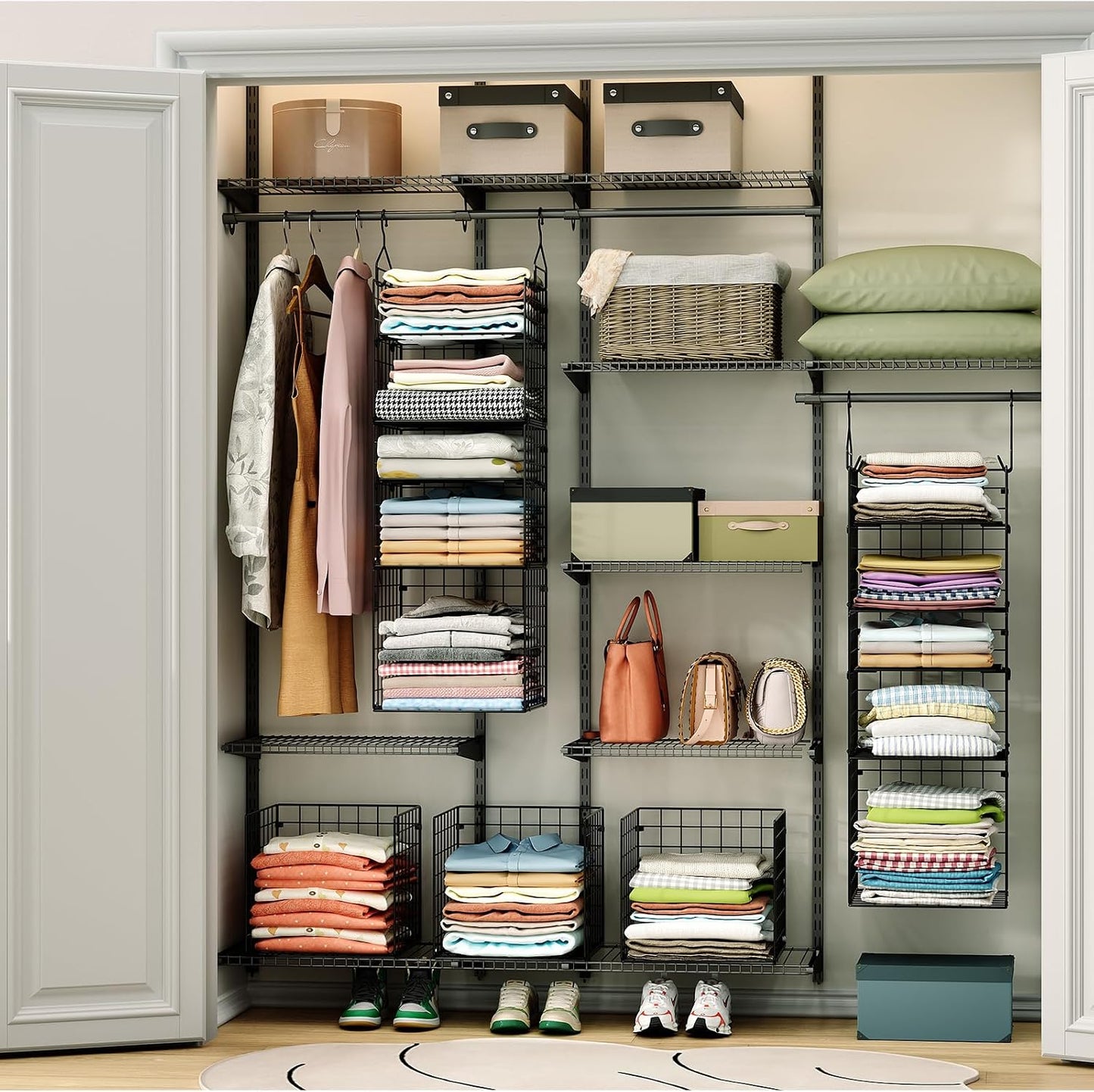 X-cosrack Closet Hanging Organizer Shelves - 5 Tier Wardrobe Organizers and Storage Bin, Hanging Organizer Shelves, Clothes Shelf with Adjustable Dividers for Bedroom Closet Sweater Shoes Handbag