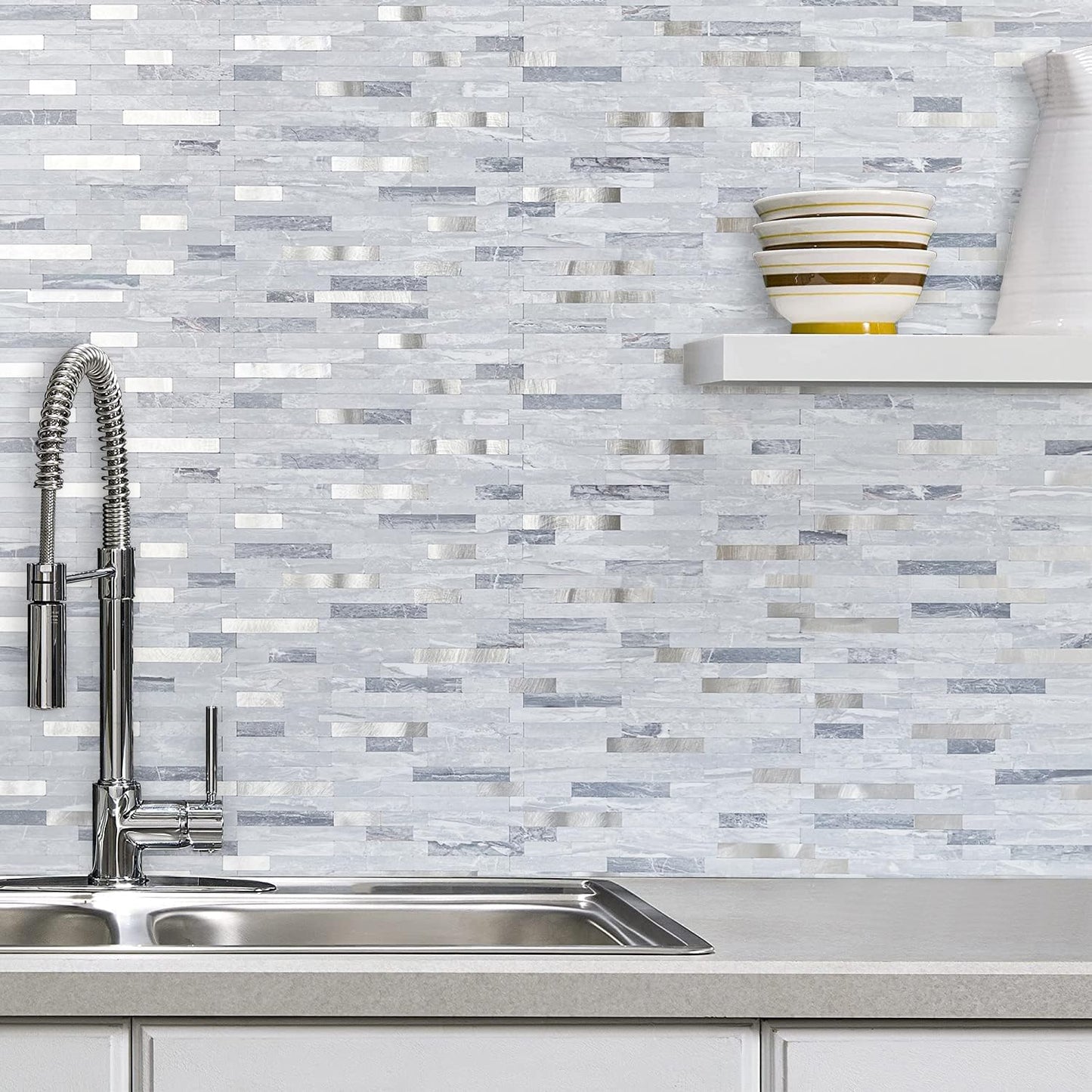 AULIGET 20 Sheets Peel and Stick Backsplash, Black & Grey Wood Look PVC Mixed Metal Stick on Backsplash Tiles for Kitchen