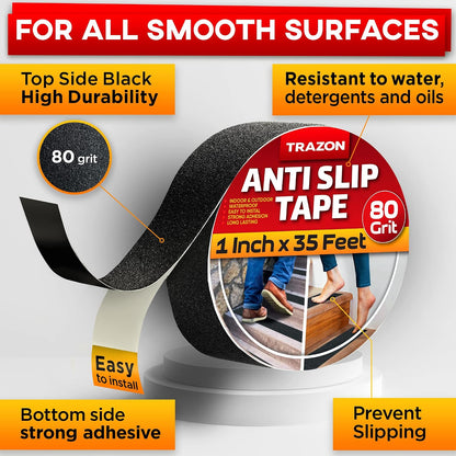 Grip Tape - Heavy Duty Anti Slip Tape for Stairs Outdoor/Indoor Waterproof 4Inch x 35Ft Safety Non Skid Roll for Stair Steps Ramp Traction Tread Staircases Grips Adhesive Non Slip Strips Walk Black