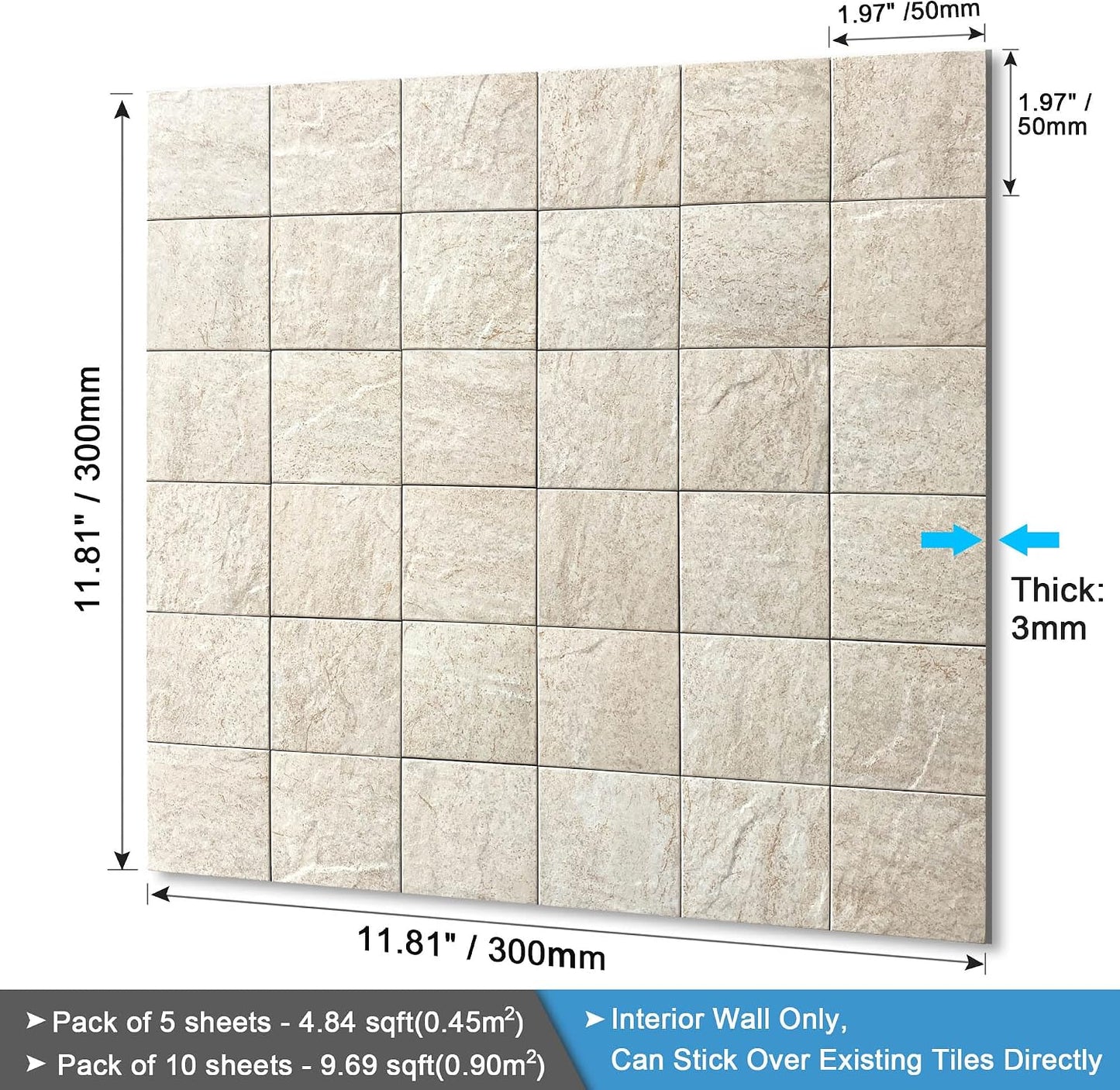 BeNice Kitchen Peel and Stick Tile Backsplash Bathroom Self Adhesive Stone Mosaic Thick Wall Stickers 12"x12"(Blue Rustic,10 Sheets)