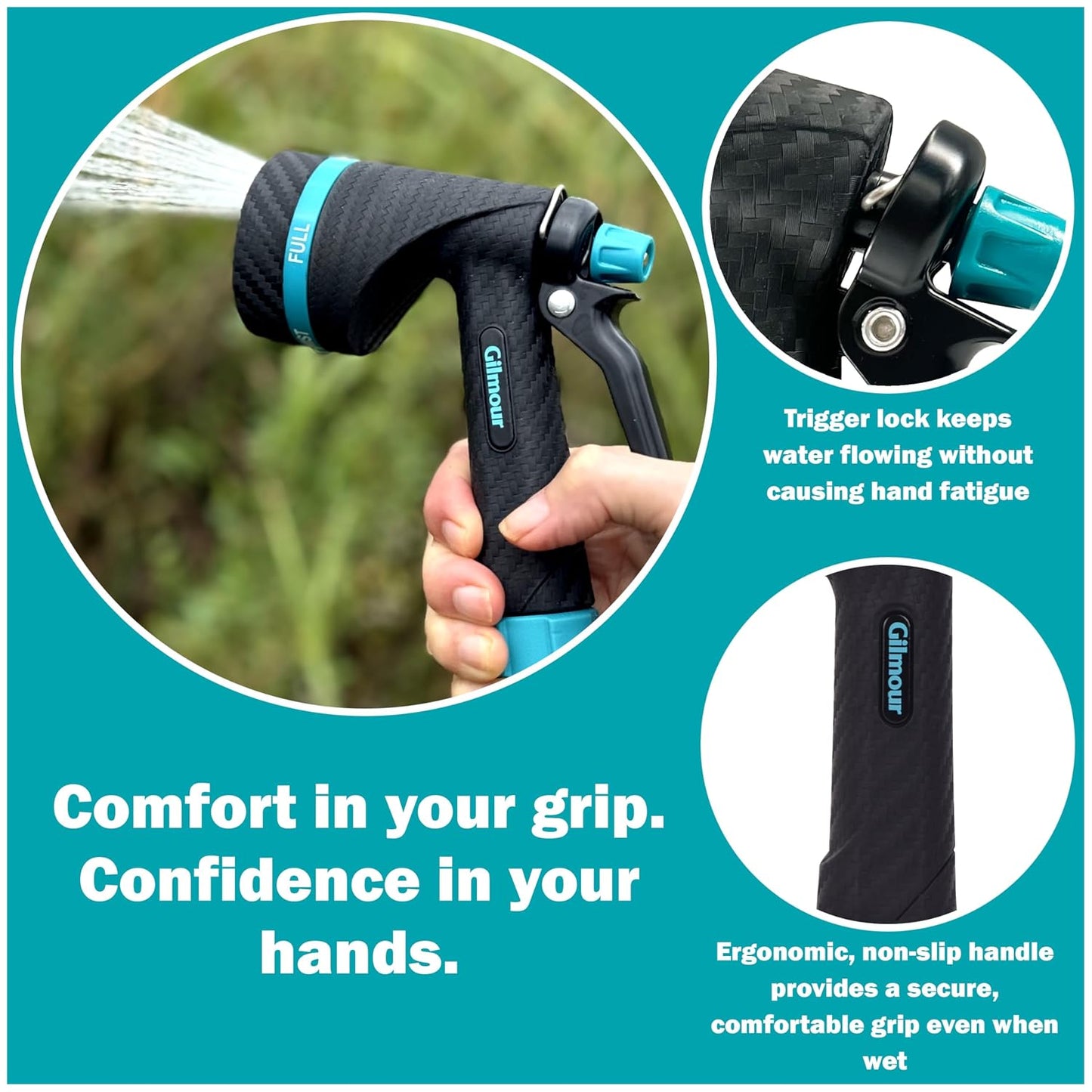 Gilmour Heavy Duty Garden Hose Nozzle, Swivel Connect, 5 Spray Patterns, Ergonomic Grip, Flow Control, Trigger Lock, Thumb Control