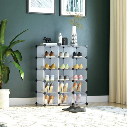 C&AHOME Plastic Shoe Rack,16-Cube Modular Shoes Storage Stand, Multifunction Closet Cabinet, Stackable Shoe Organizer Units for Bedroom Living Room Doorway, 36" L × 14.2" W × 28" H Black SRP15B
